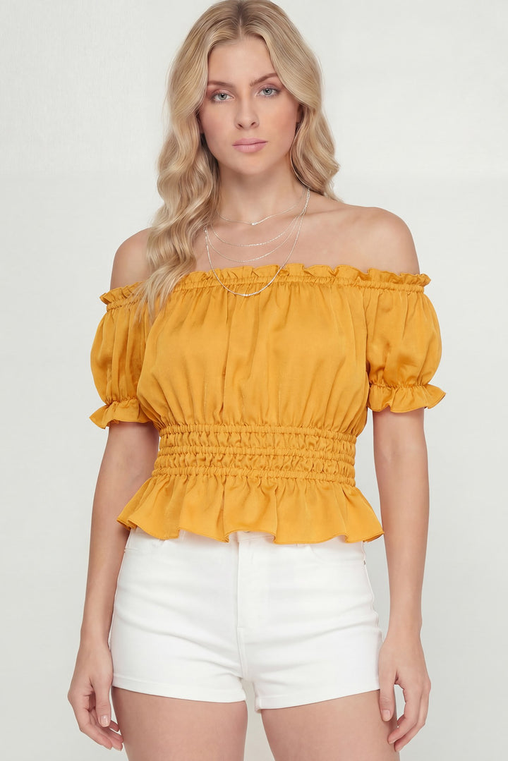 SHORT SLEEVE OFF THE SHOULDER SATIN TOP WITH SMOCKED WAISTBAND