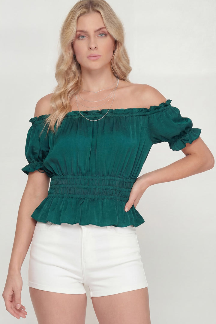 SHORT SLEEVE OFF THE SHOULDER SATIN TOP WITH SMOCKED WAISTBAND