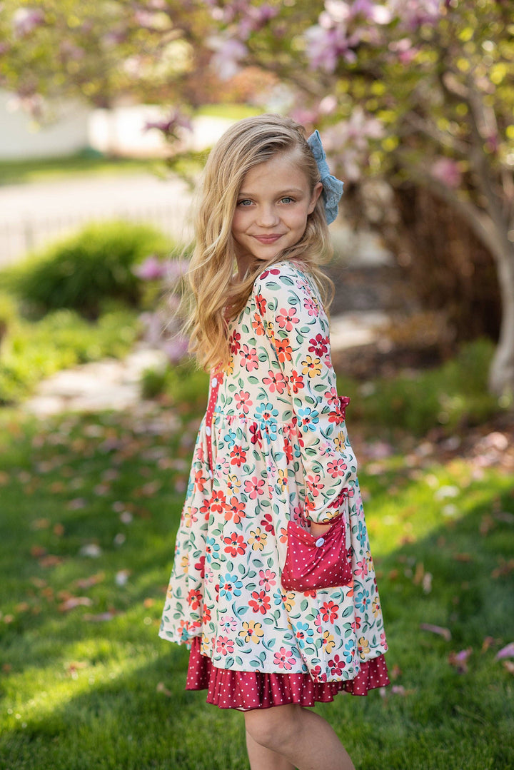 Kids Cream &amp; Burgundy Floral Ruffle Button Pocket Fall Dress