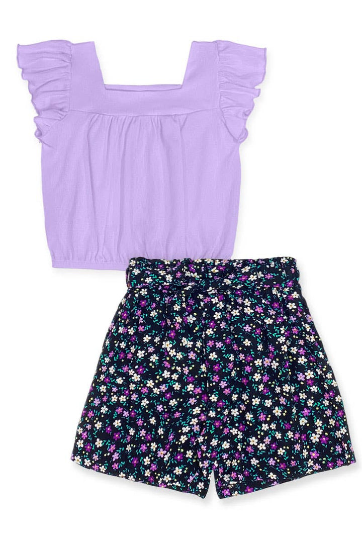 Girls 2 pc Floral Short Set w/ Ribbed Top