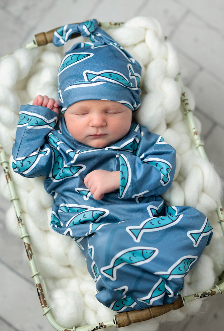 Infant Unisex Blue Fish Baby Gown and Hat Set