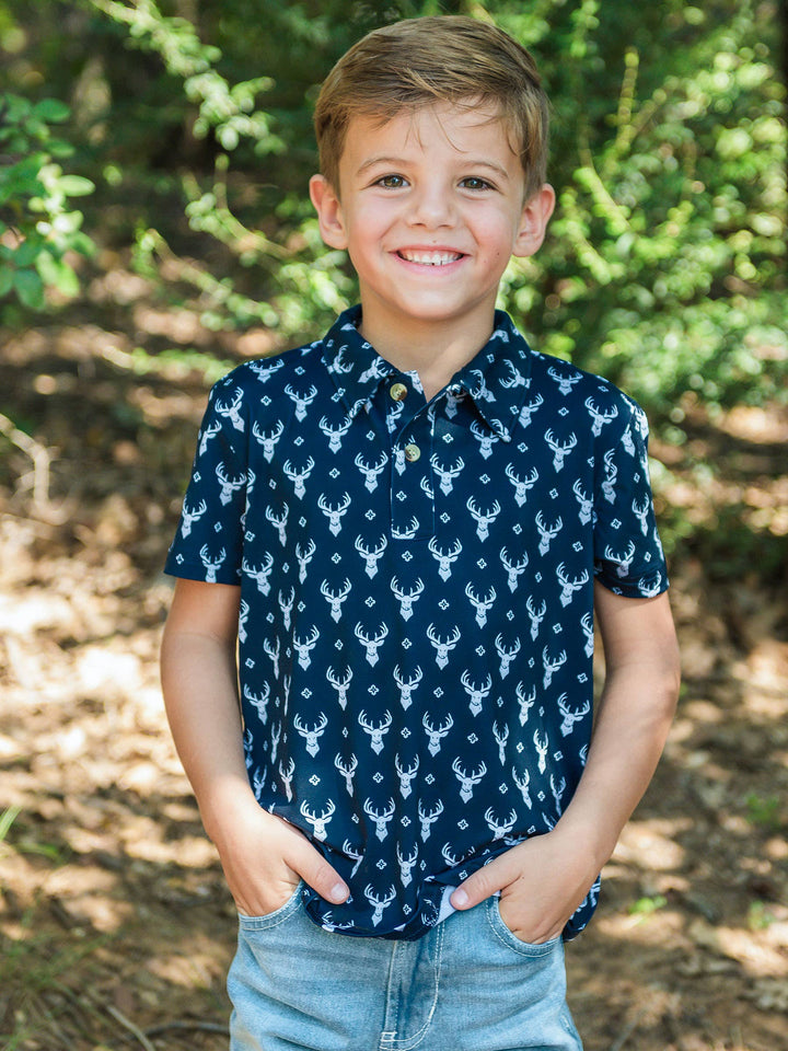 RuffleButts  - Boys Little Deer Lodge Knit Short Sleeve Performance Polo