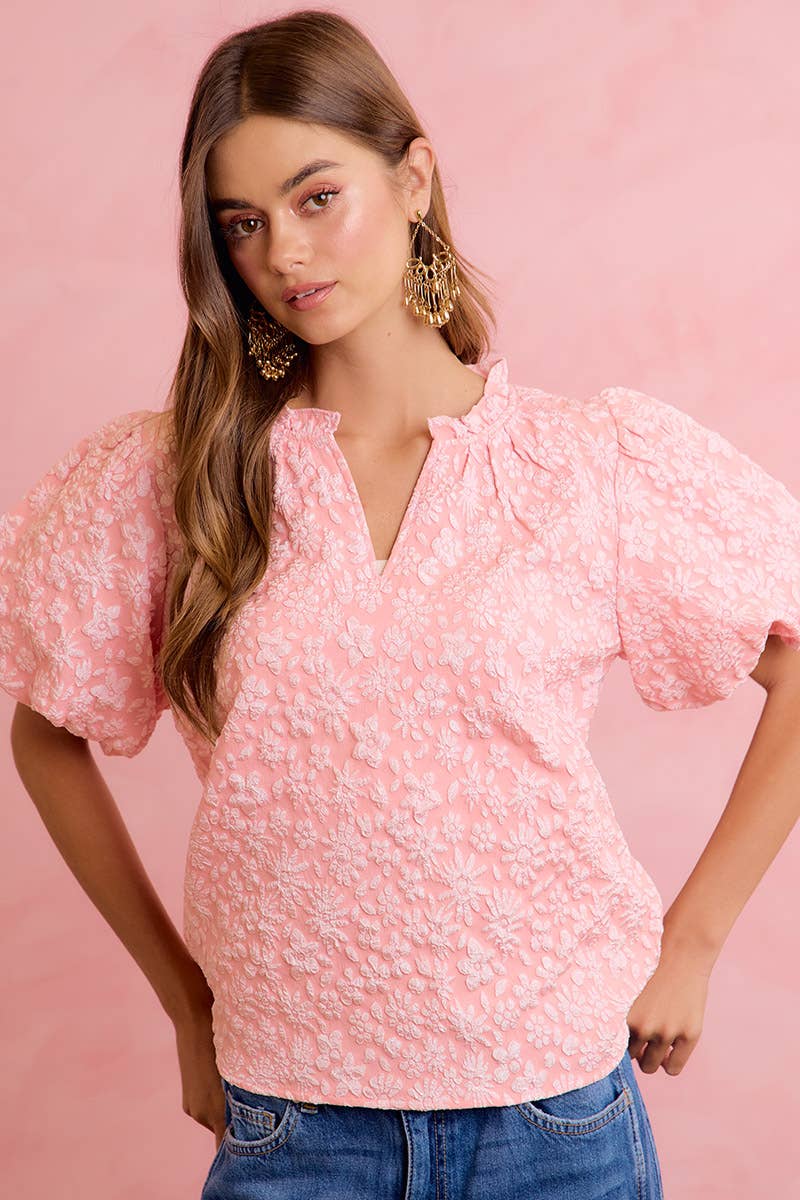 BiBi - FLORAL PATTERN TEXTURE SLEEVES RUFFLED V-NECK TOP