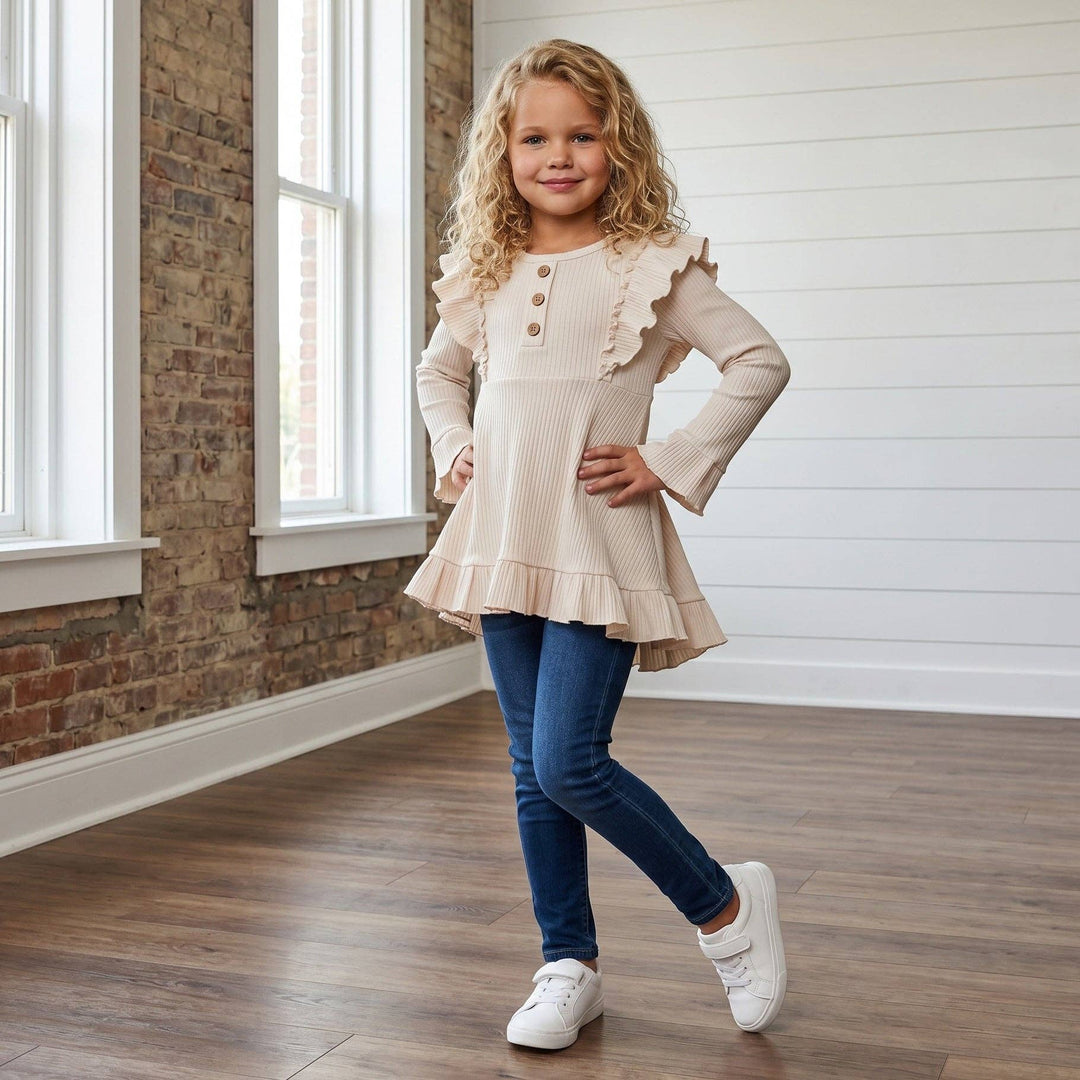 Kids Cream Beige Ribbed Long Sleeve Button Ruffle Shirt
