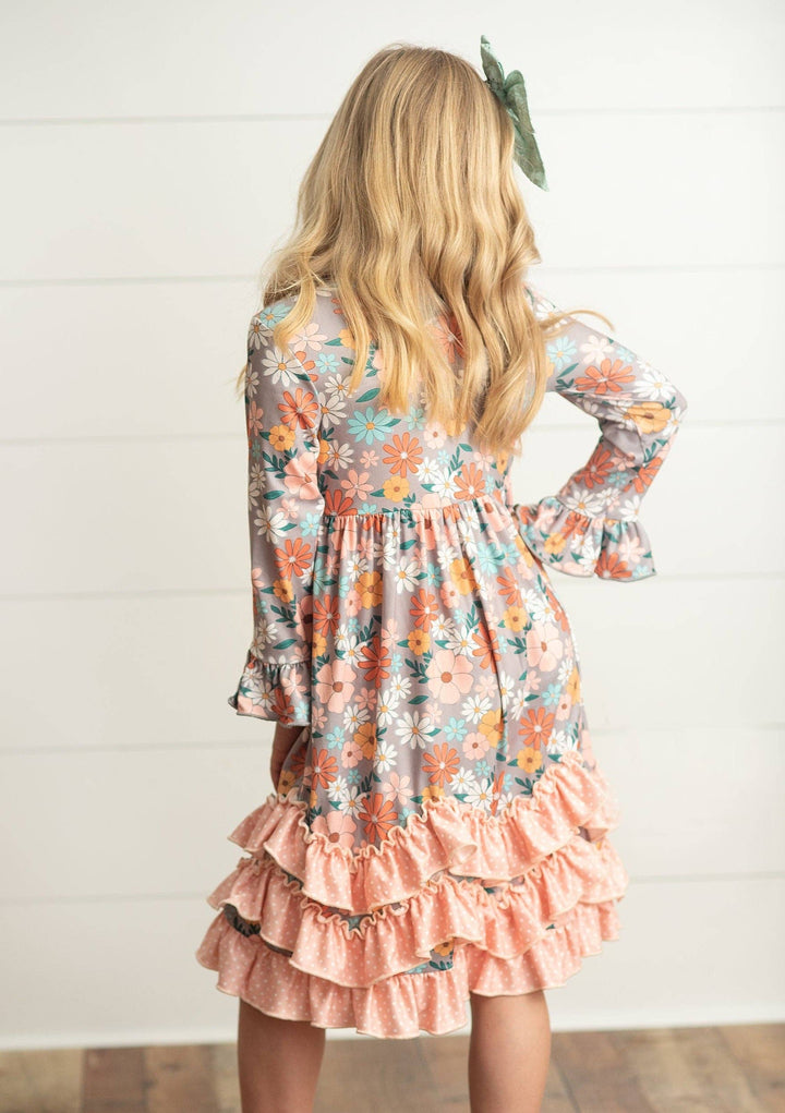 Kids Peach Vintage Floral Long Sleeve Fall 3 Ruffle Dress