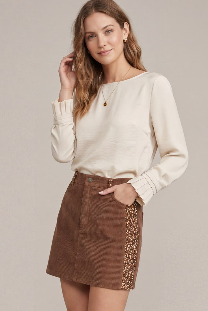 CORDUROY SKIRT WITH DITSY FLORAL PRINTED CORDUROY CONTRAST
