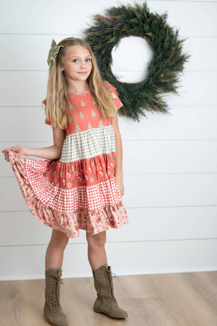 Girls Red Green Ava Merry Holiday Tree Twirl Dress