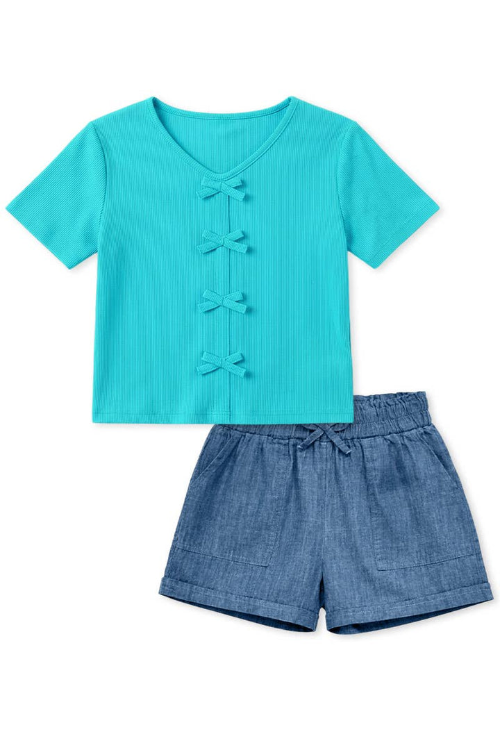 Toddlers Ribbed Knit Top &amp; Chambray Short Set