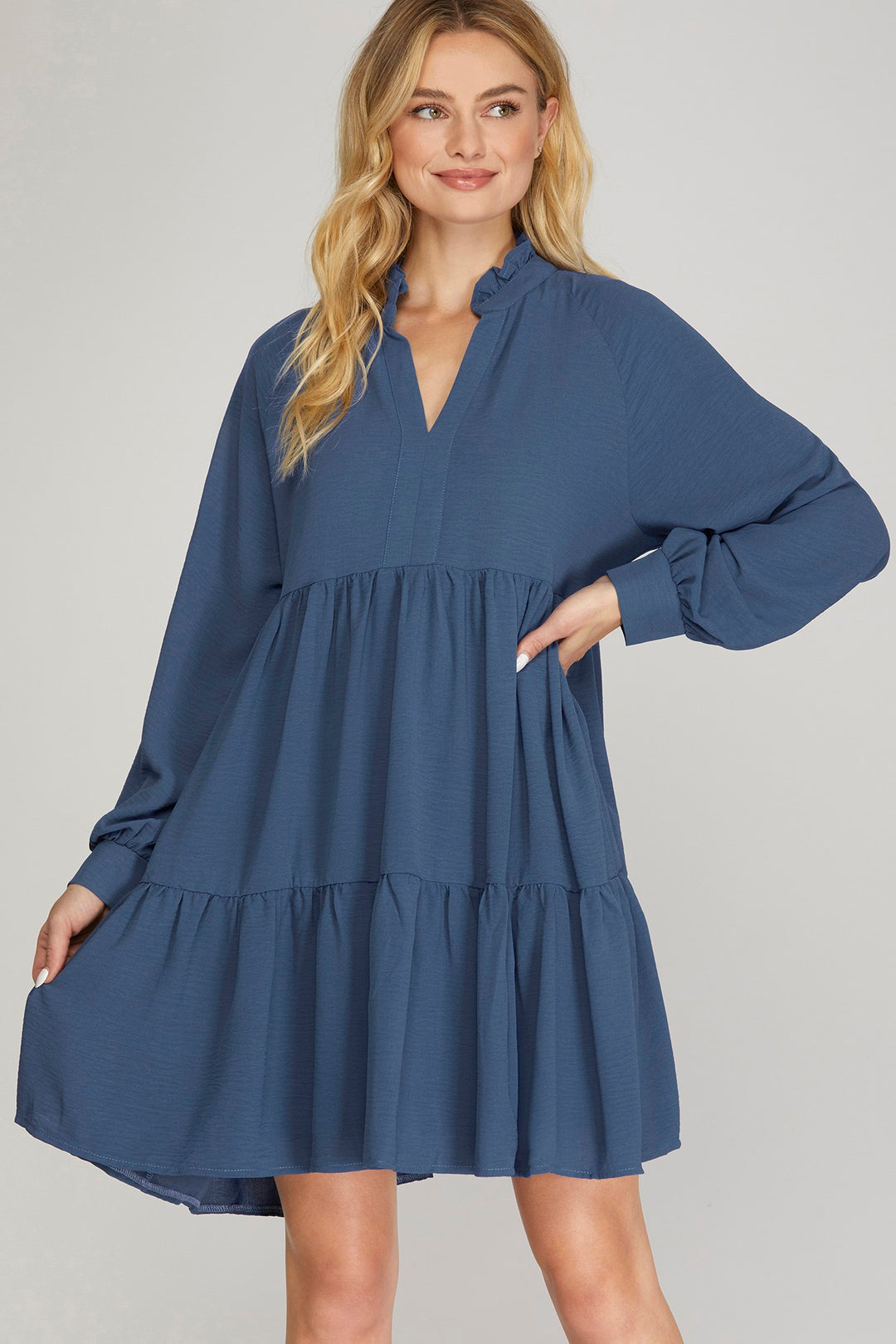 LONG SLEEVE WOVEN NOTCHED NECK TIERED DRESS