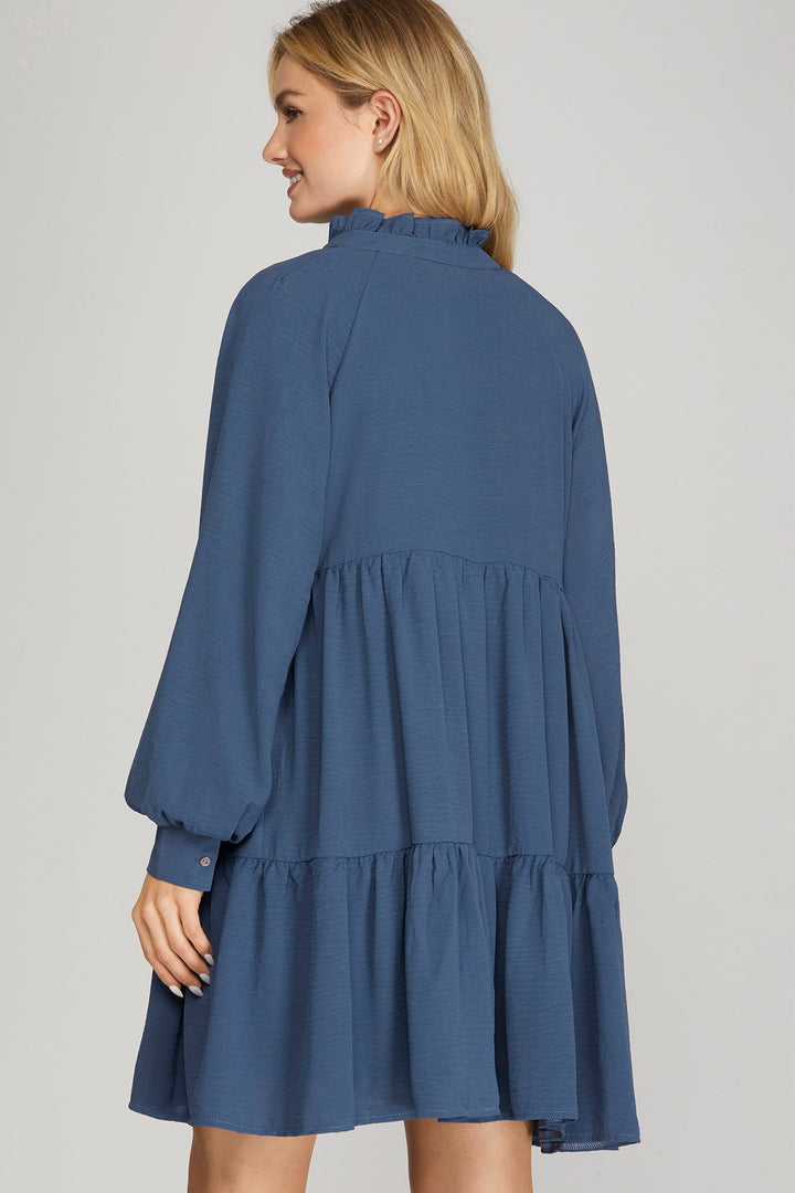LONG SLEEVE WOVEN NOTCHED NECK TIERED DRESS