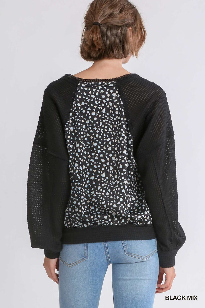 UMGEE Animal Knit Woven Print Long Sleeve Top