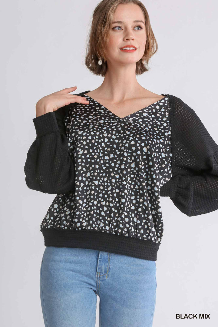 UMGEE Animal Knit Woven Print Long Sleeve Top