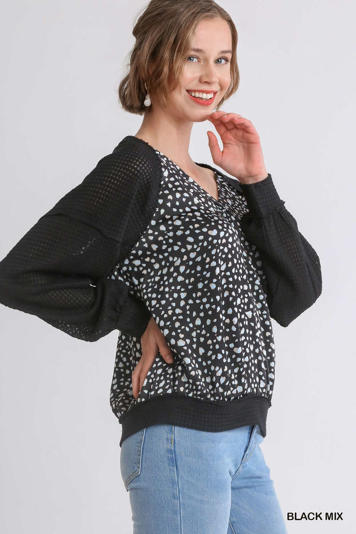 UMGEE Animal Knit Woven Print Long Sleeve Top