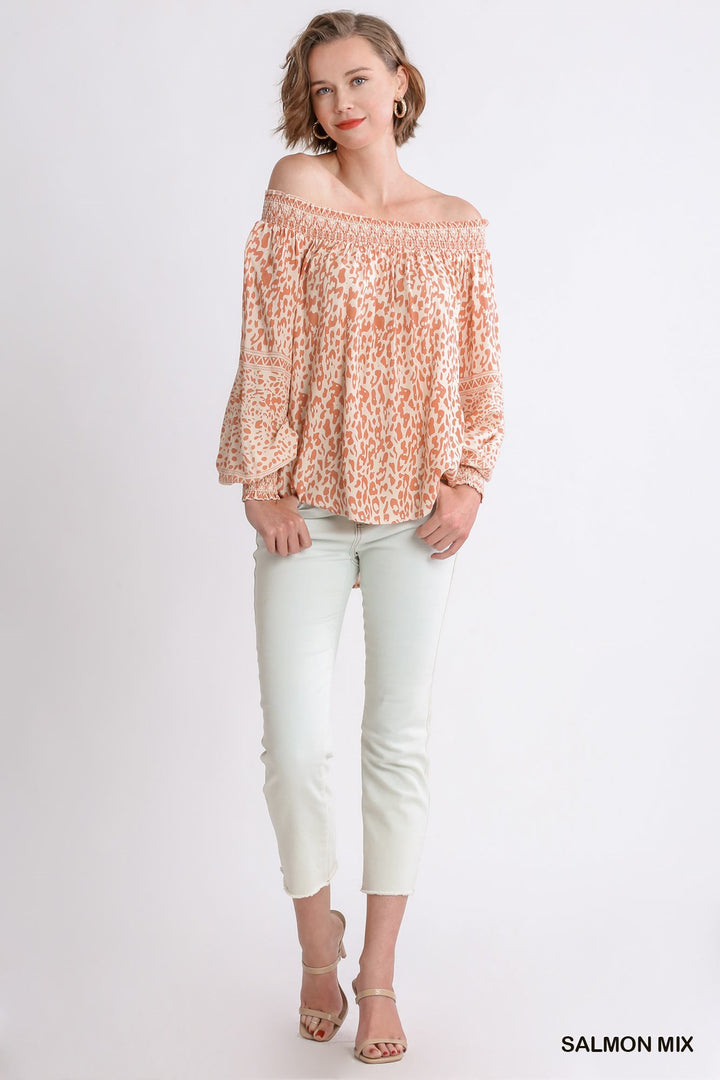 UMGEE Animal Border Print Long Sleeve Off Shoulder Top with Smocked Cuff Detail