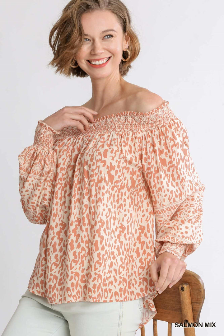 UMGEE Animal Border Print Long Sleeve Off Shoulder Top with Smocked Cuff Detail