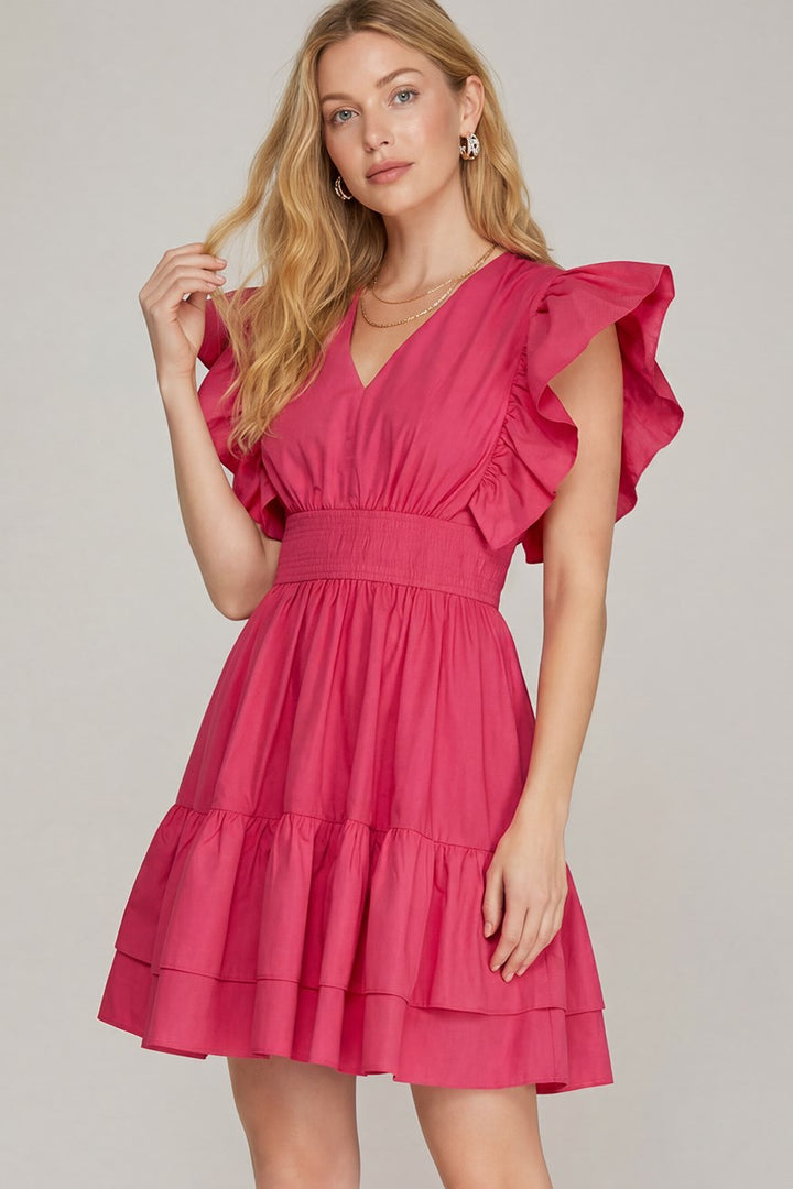 RUFFLED SHOULDER PLEATED V NECK WAIST TIERED WOVEN DRESS