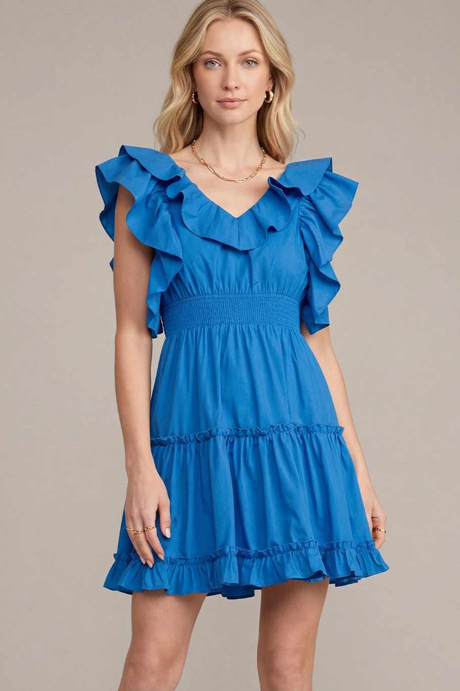 RUFFLED SLEEVE SMOCK WAIST TIERED DRESS WITH BACK BOW TIE DETAIL