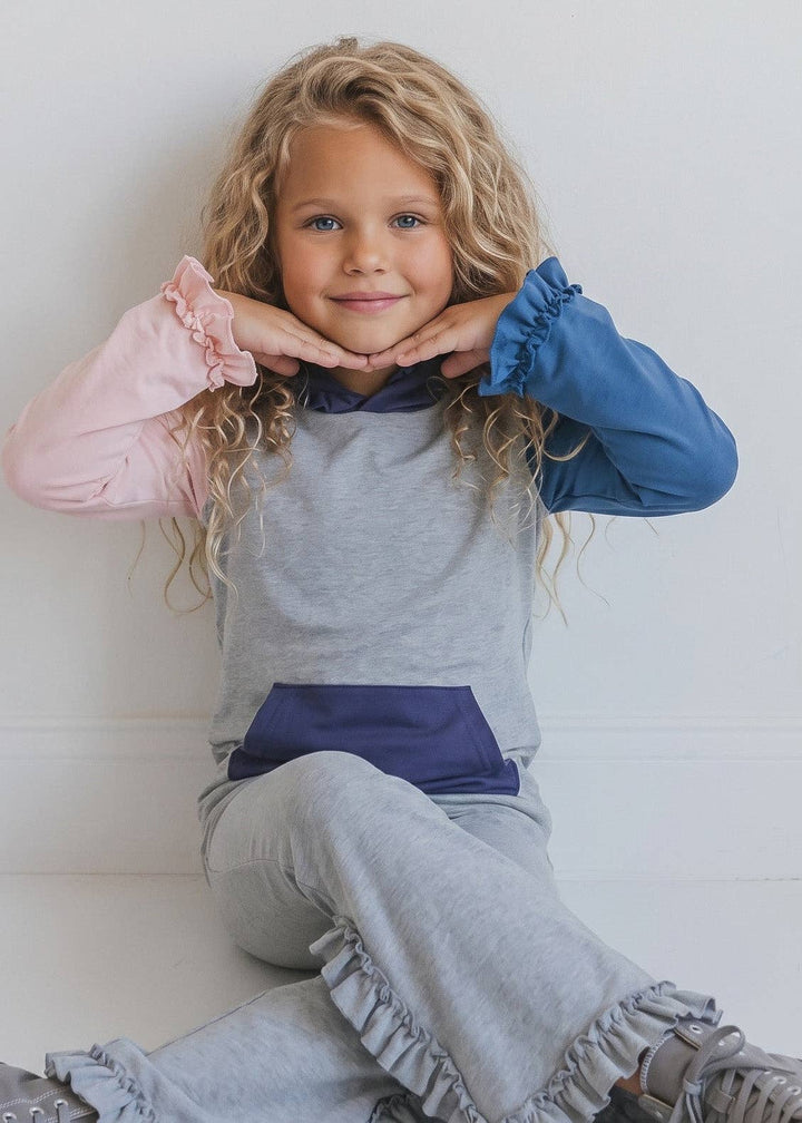 Kids Lucy Rosy Gray Hooded Ruffle Pocket Lounge Set