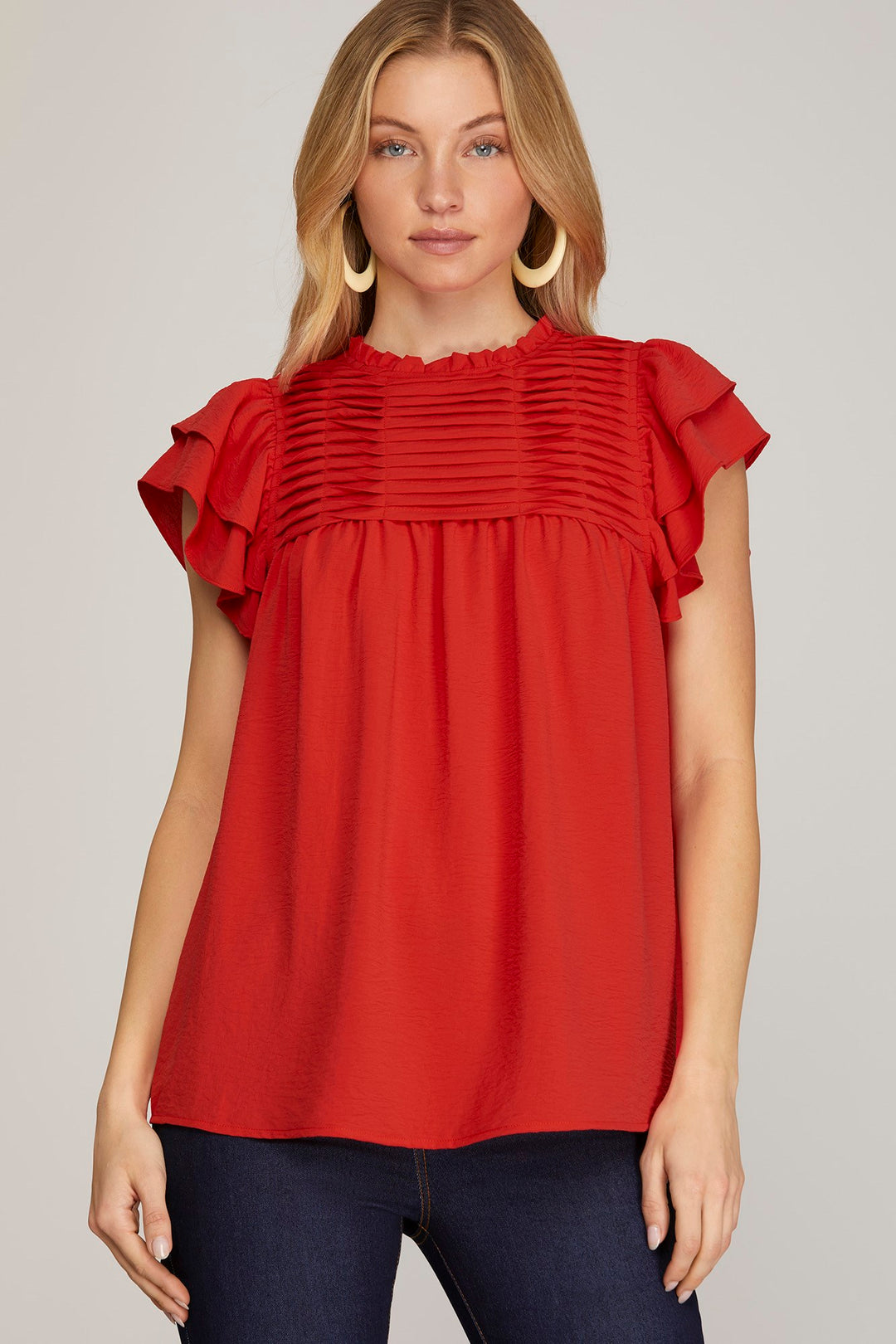 RUFFLE SLEEVE PLEATED YORK WOVEN TOP