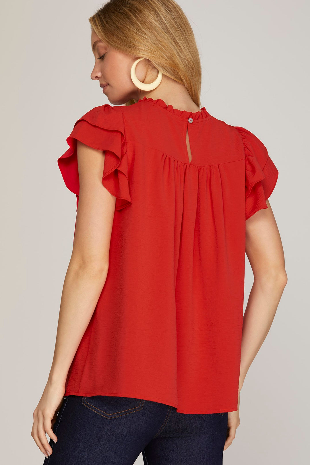 RUFFLE SLEEVE PLEATED YORK WOVEN TOP