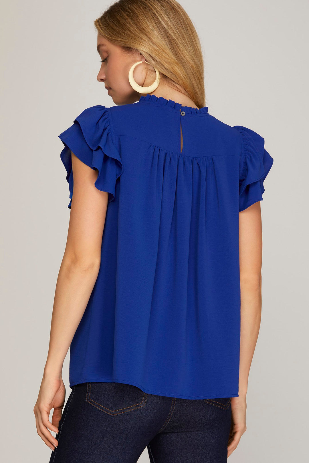RUFFLE SLEEVE PLEATED YORK WOVEN TOP