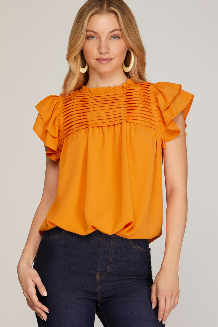RUFFLE SLEEVE PLEATED YORK WOVEN TOP