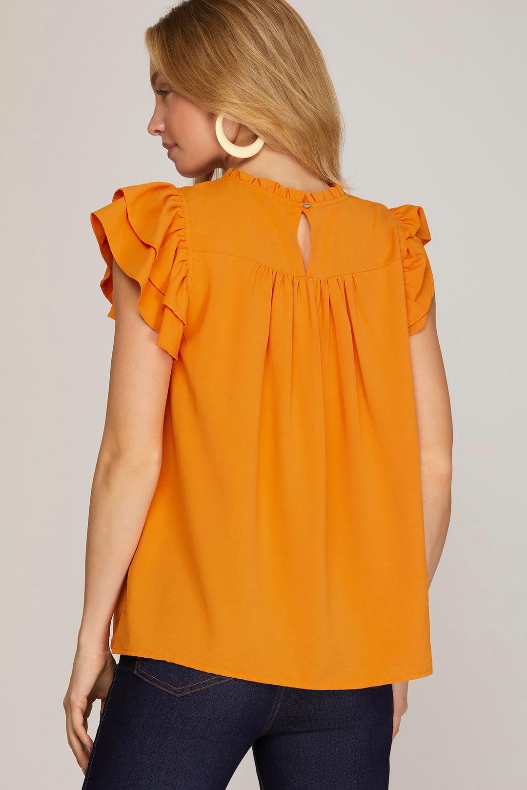 RUFFLE SLEEVE PLEATED YORK WOVEN TOP