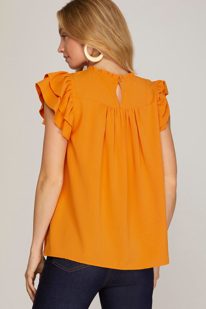 RUFFLE SLEEVE PLEATED YORK WOVEN TOP