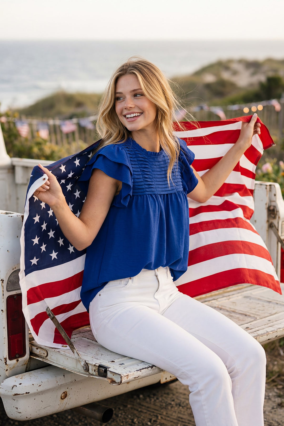RUFFLE SLEEVE PLEATED YORK WOVEN TOP