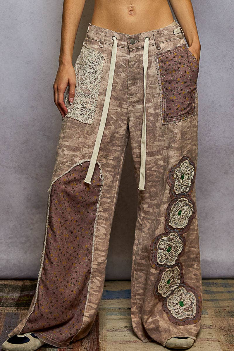 Pol Clothing - Drawstring Floral Patch Denim Pants