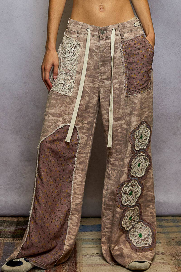 Pol Clothing - Drawstring Floral Patch Denim Pants