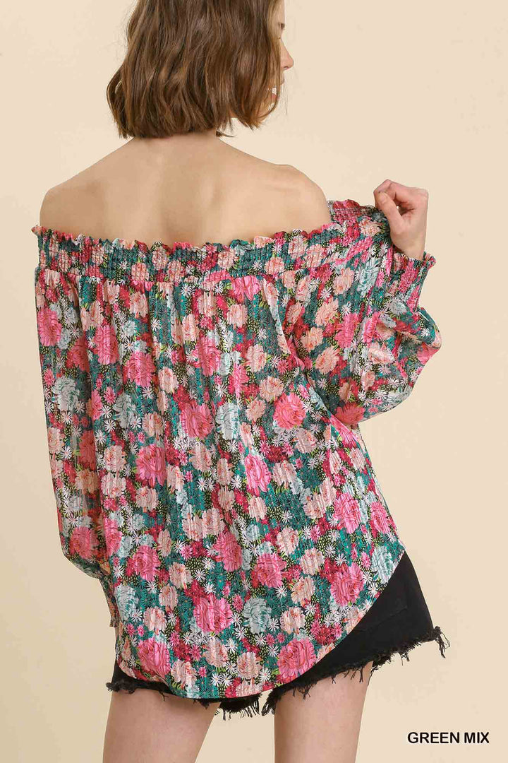 UMGEE Sheer Floral Print Metallic Threading Long Sleeve Off Shoulder Top with High Low Hem