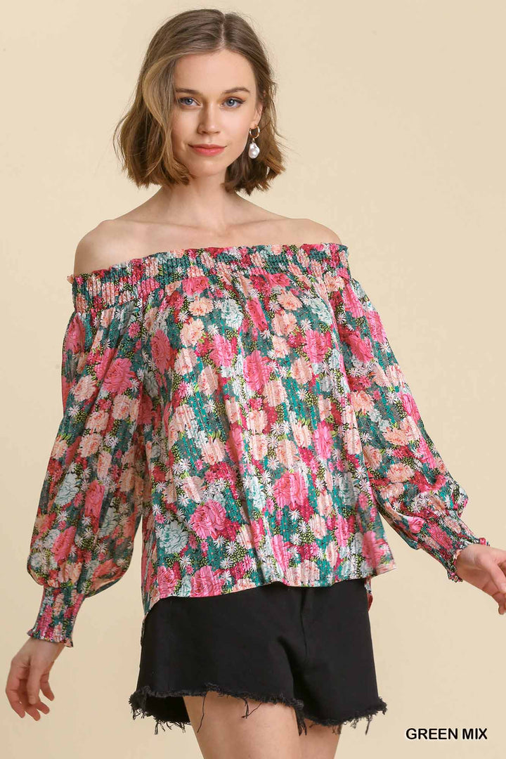 UMGEE Sheer Floral Print Metallic Threading Long Sleeve Off Shoulder Top with High Low Hem