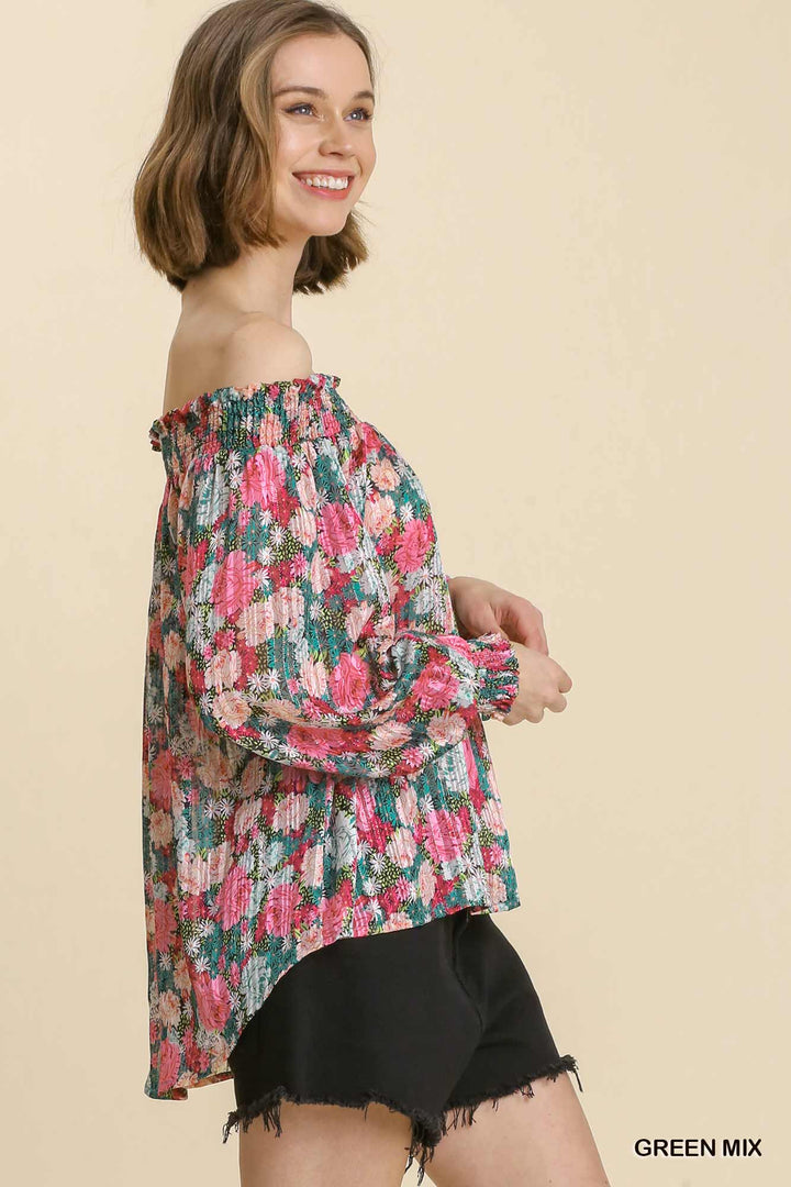 UMGEE Sheer Floral Print Metallic Threading Long Sleeve Off Shoulder Top with High Low Hem