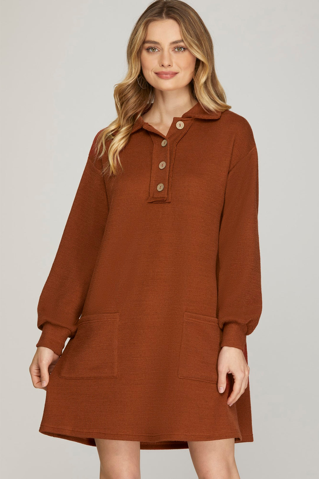 LONG SLEEVE KNIT BUTTON DOWN COLLAR DRESS WITH POCKETS