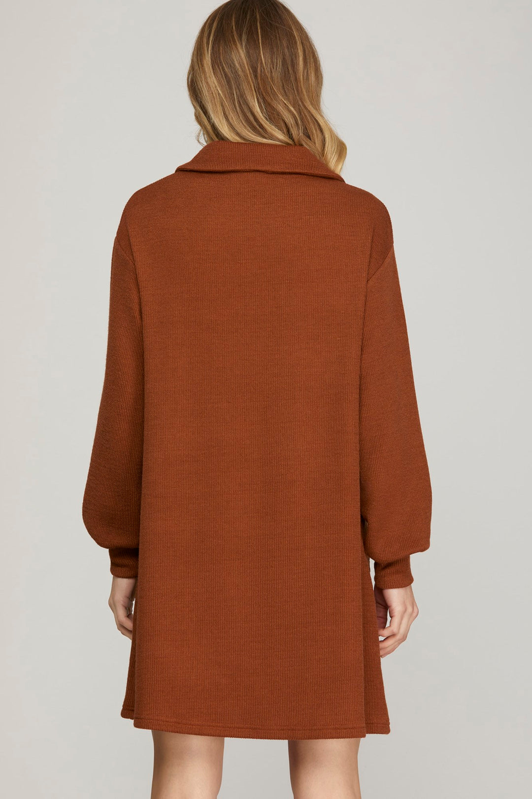 LONG SLEEVE KNIT BUTTON DOWN COLLAR DRESS WITH POCKETS