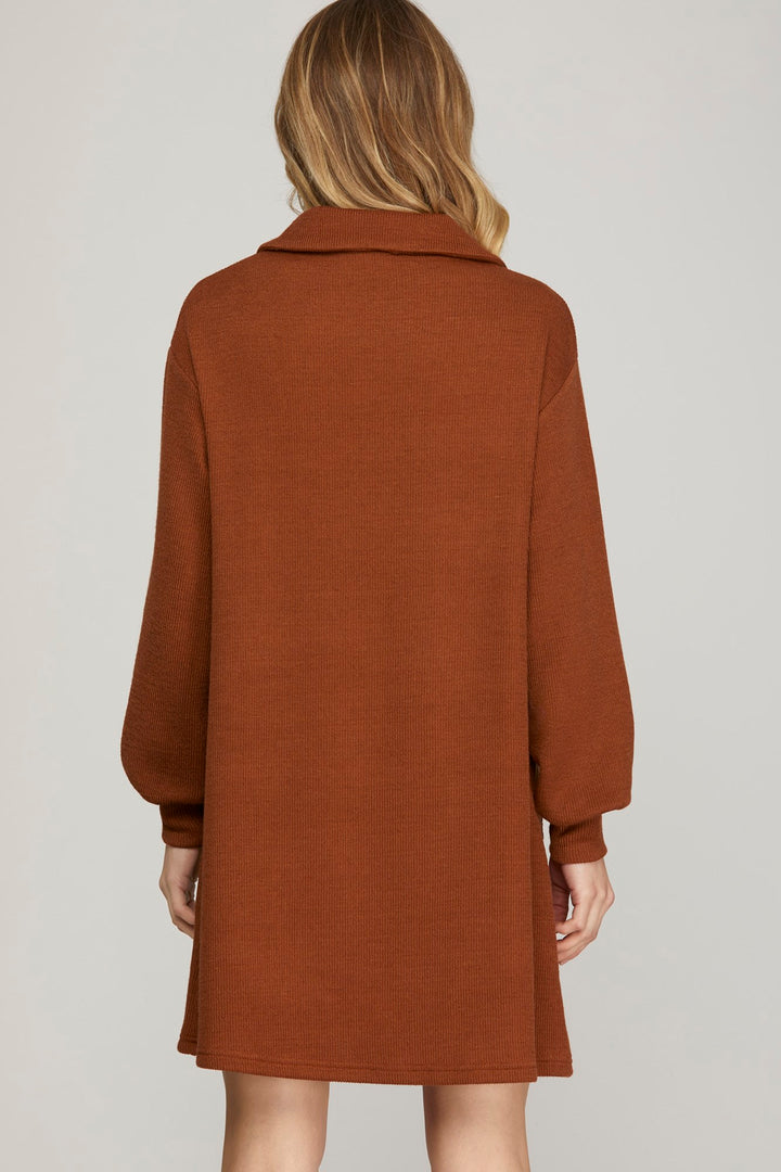LONG SLEEVE KNIT BUTTON DOWN COLLAR DRESS WITH POCKETS