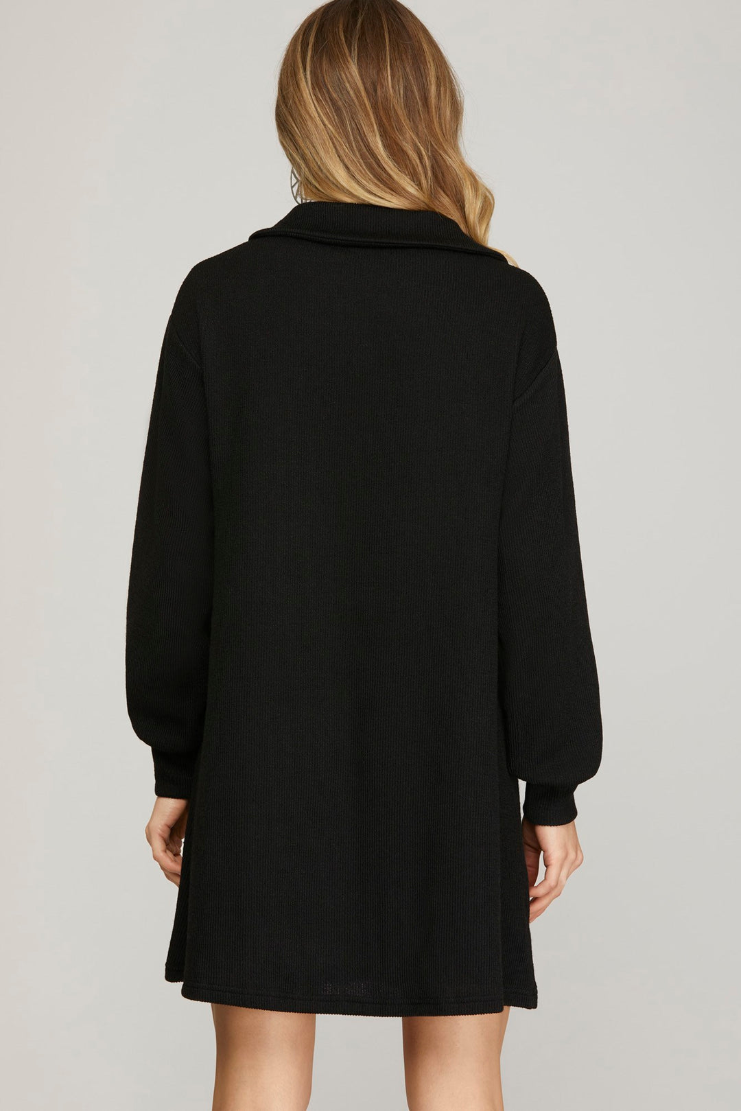 LONG SLEEVE KNIT BUTTON DOWN COLLAR DRESS WITH POCKETS