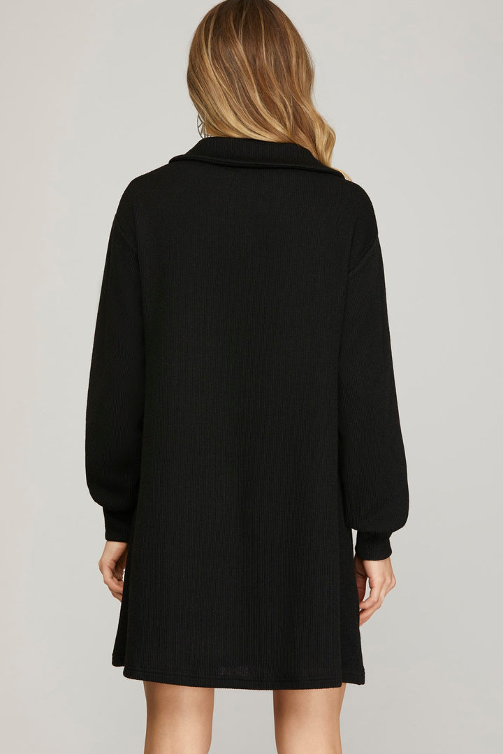 LONG SLEEVE KNIT BUTTON DOWN COLLAR DRESS WITH POCKETS