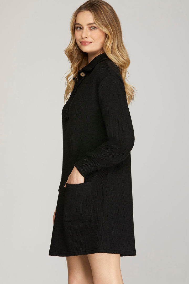 LONG SLEEVE KNIT BUTTON DOWN COLLAR DRESS WITH POCKETS
