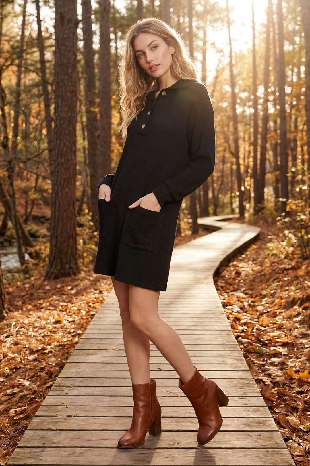 LONG SLEEVE KNIT BUTTON DOWN COLLAR DRESS WITH POCKETS