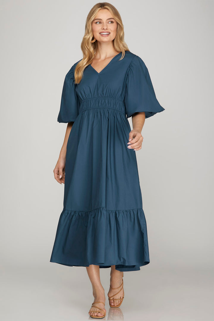 BUBBLE SLEEVE SIDE POCKET MIDI DRESS