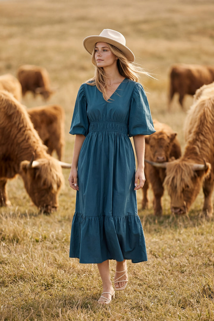 BUBBLE SLEEVE SIDE POCKET MIDI DRESS