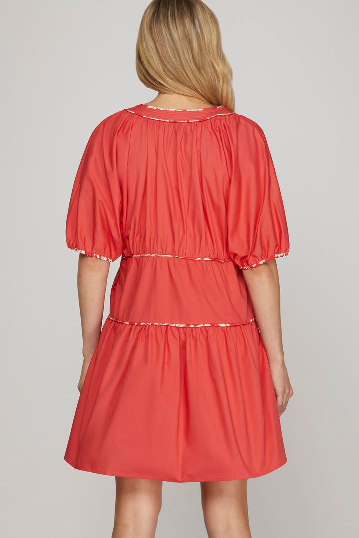 PUFF SLEEVE CONTRAST PIPING WOVEN DRESS WITH POCKETS