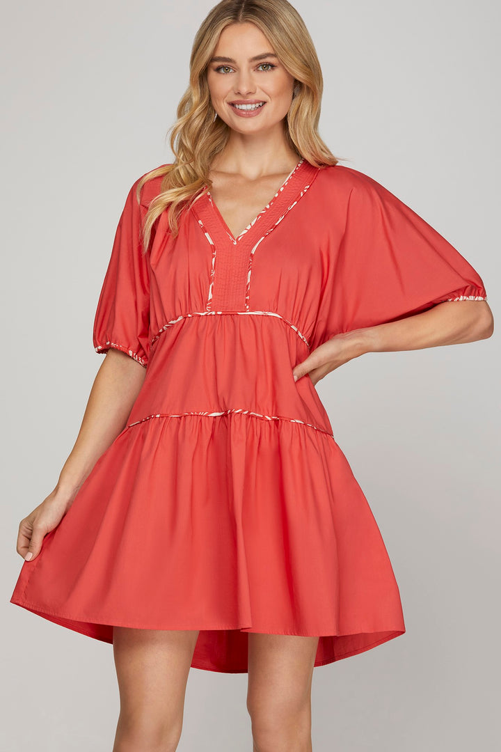 PUFF SLEEVE CONTRAST PIPING WOVEN DRESS WITH POCKETS