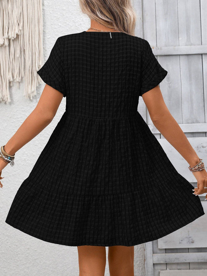 Gingham V Neck Short Sleeve Summer Dress with Ruffle Hem
