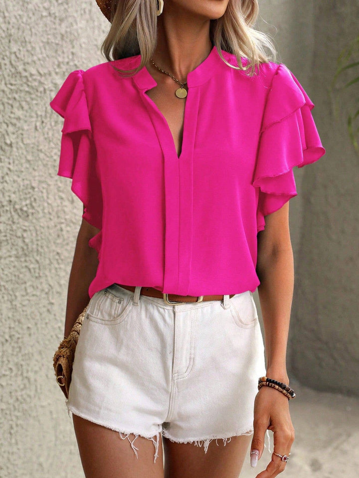 V-Neck Double-Layer Lotus Leaf Sleeve Solid Color Casual Top