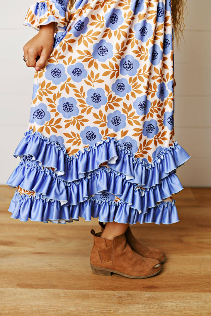 Girls Fall Olivia Periwinkle Heirloom Floral 3 Ruffle Dress