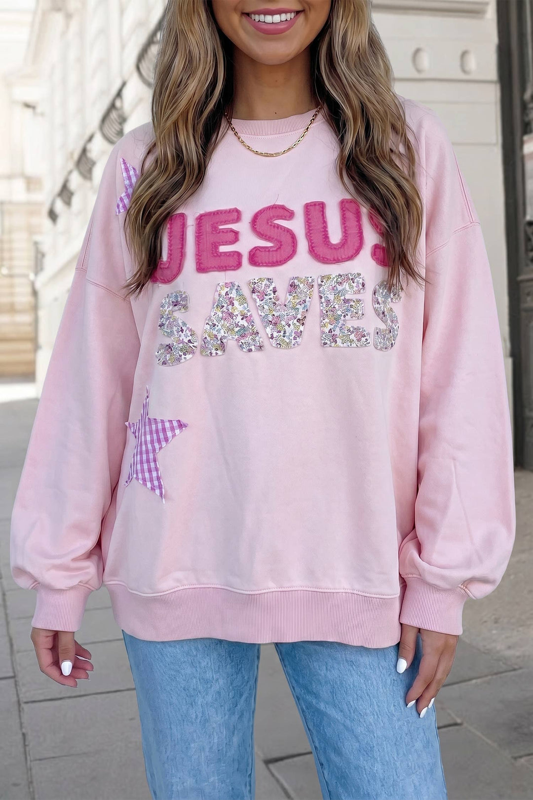 JESUS SAVES Letter Star Patch Graphic Sweatshirt