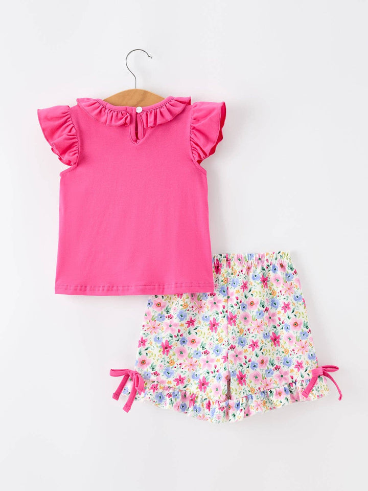 Girls Floral Bow Applique Top Ruffle Shorts Set